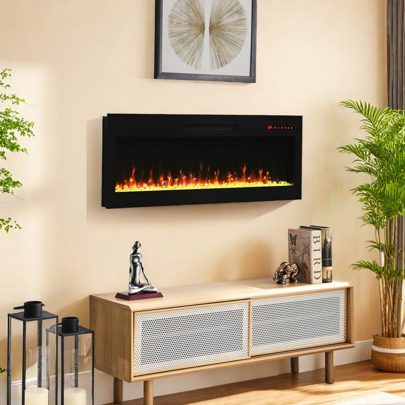 Multifunctional Ultra Thin Fireplace Insert With Remote And Multi Color Flame & Emberbed, Tempered Glass Electric Fireplace, Wall-Mounted Space Heater Fireplace