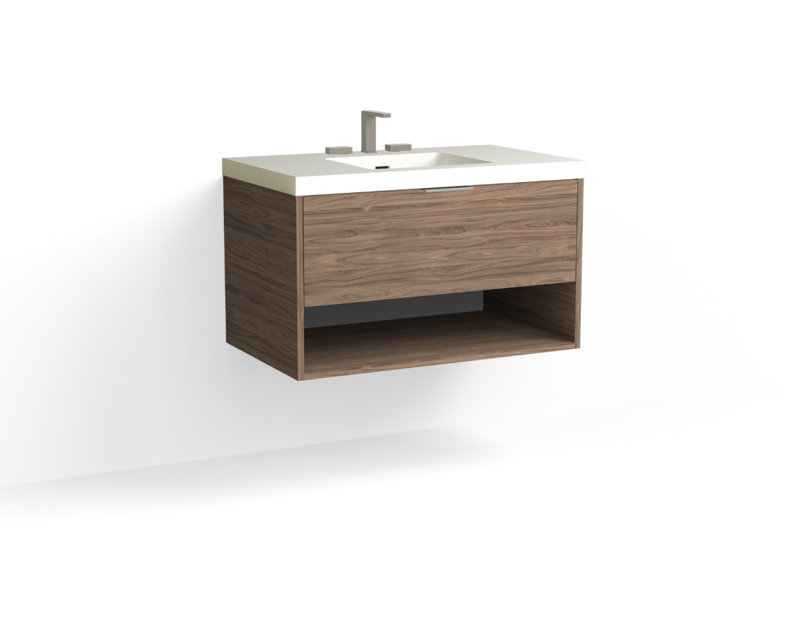 Modo 36" W Wall Mounted Single Bathroom Vanity, Glossy White/Single, Nocino, Polished Nickel