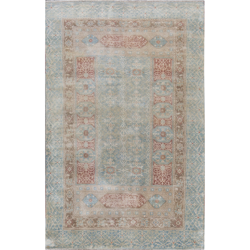 Tapis bleu et brun noué à la main de haute qualité, Rectangle 5 pi 9 po x 9 pi 1 po