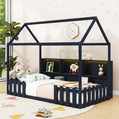 Twin Wood House Bed With LED Light And Storage Shelves