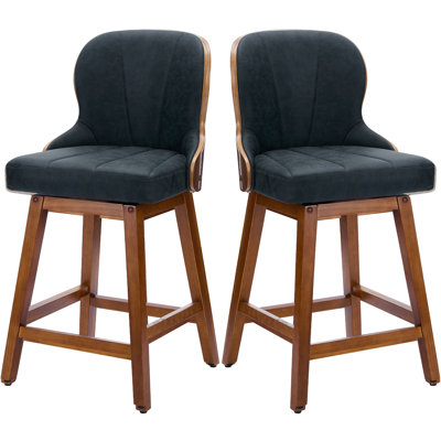 Swivel Bar Stools Set of 2 Mid Century Modern Faux Leather Upholstered Counter Height Barstools,Kitchen Island Wooden Bar Chairs,25-Inch Armless Counter Stools with Wood Back and Legs