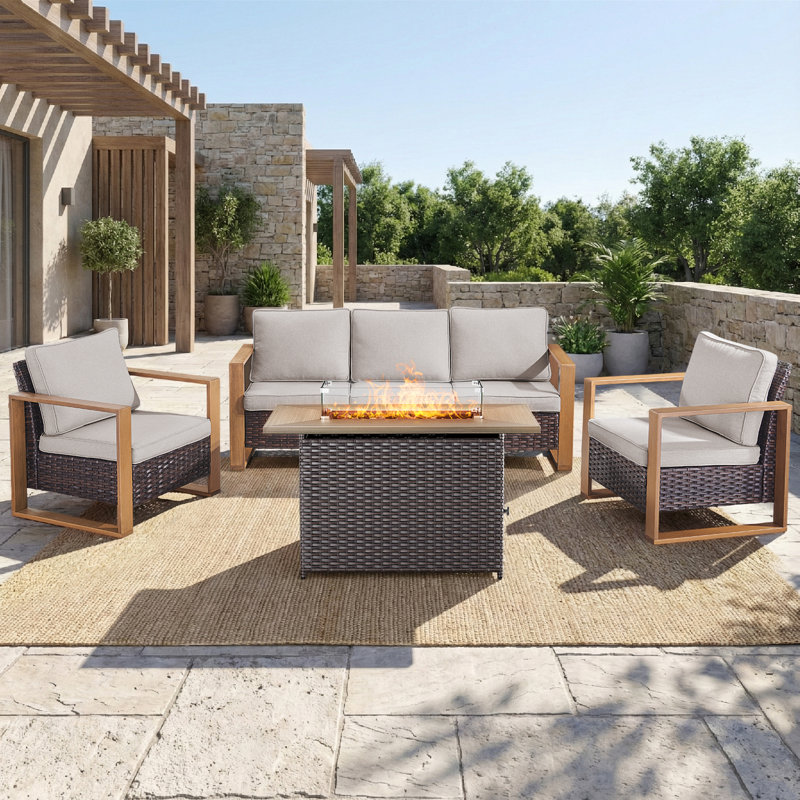 Ensemble de conversation pour foyer d'extérieur moderne en rotin 4 pièces avec canapé et fauteuil, Beige, Brun