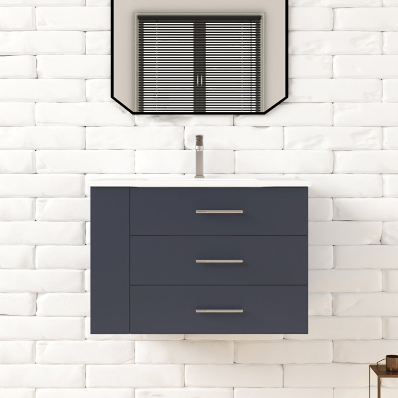 Aurilla 30 in. Single Sink Wallmount Bath Vanity with White Ceramic Countertop in Marine Blue with Left Side Shelf