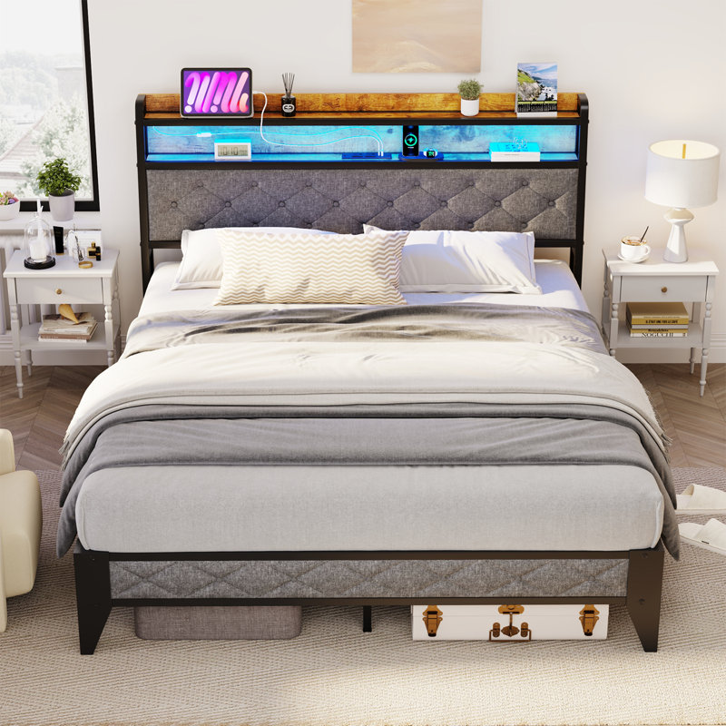 Nevio Bed Frame with Storage Headboard & Charging Station,Platform Metal Bed Frame with RGB Lights, Full