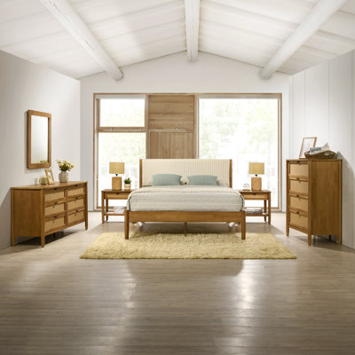 Comelia 6-Piece Rubberwood Bedroom Set with Corduroy Upholstered Queen Bed, Dresser, Mirror, 2 Nightstands, and Chest