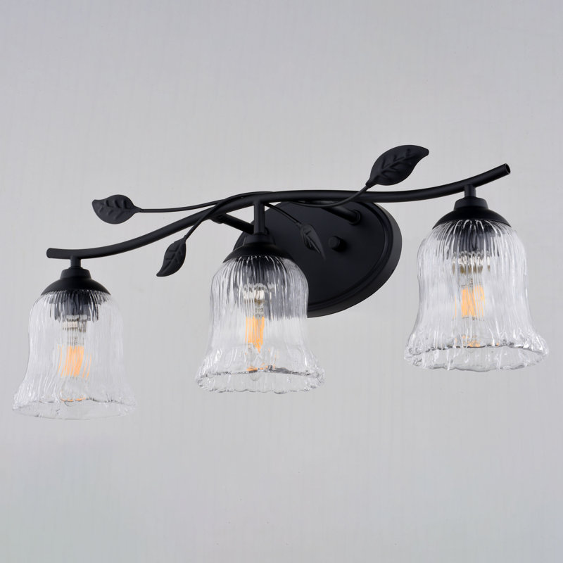 Fairwood 3-Light 21 In. Wide Matte Black Rustic Bathroom Vanity Lighting Fixture, Clear Ribbed Bell Glass Shade, Dimmable, LED Compatible, Reversible Over The Mirror Mounted Metal Wall Sconce, Branch And Leaf Motif