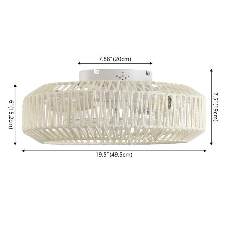 Rowan 19.5" 4-Light Modern Bohemian 6-Speed Metal/Rattan Mobile-App/Remote-Controlled Lantern LED Ceiling Fan, Cream/White