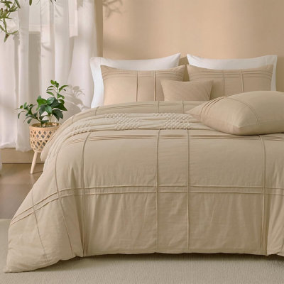 Literie 3 pièces en coton taupe, 100 % coton, taille Queen - Housse de couette plissée à plis piqués, douce et respirante avec fermeture éclair, style minimaliste moderne