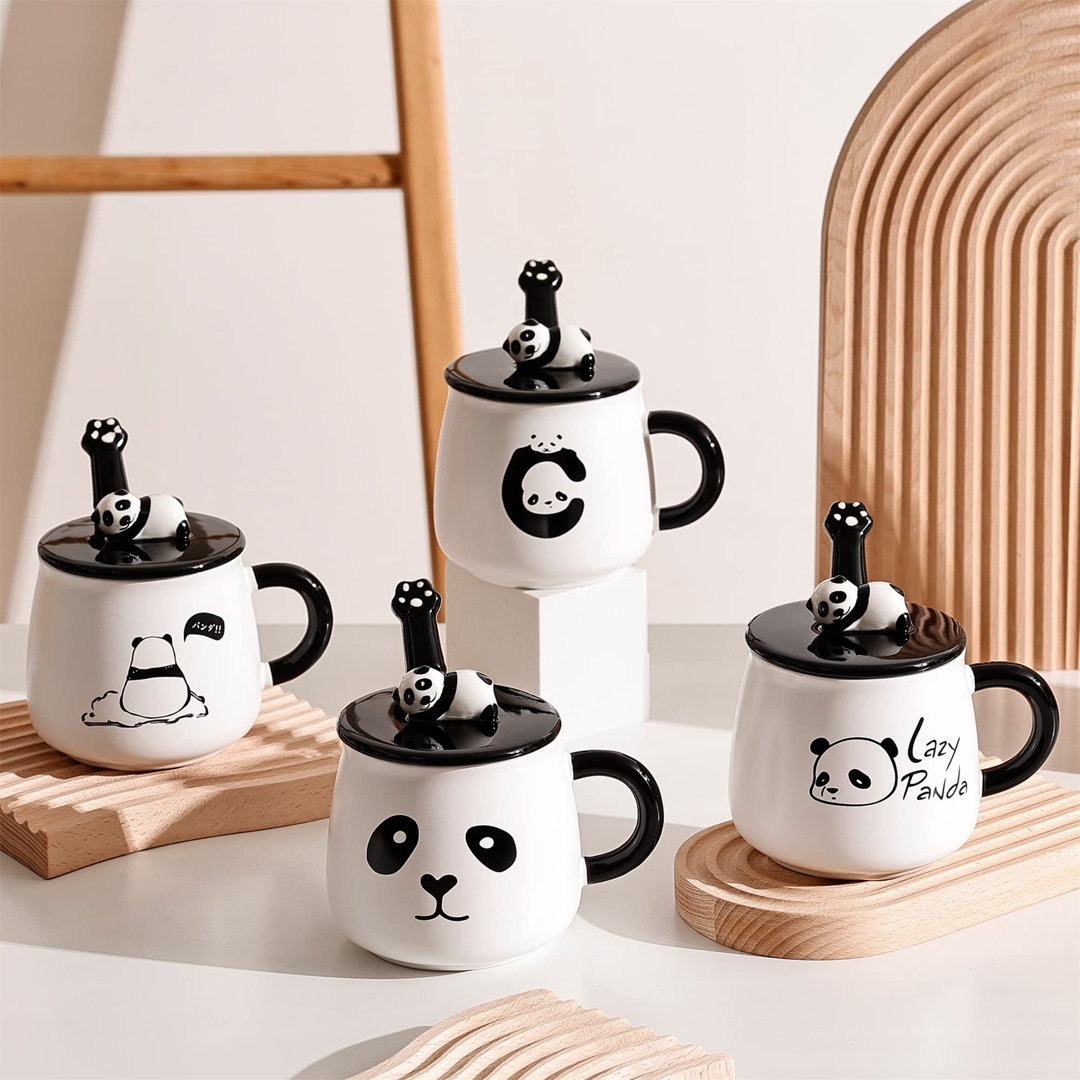 Doncho Panda Becher 4er Set Niedlicher Keramik Kaffeebecher mit 3D Panda Deckel und Löffel Panda Kaffeetasse Neuheit Kaf...