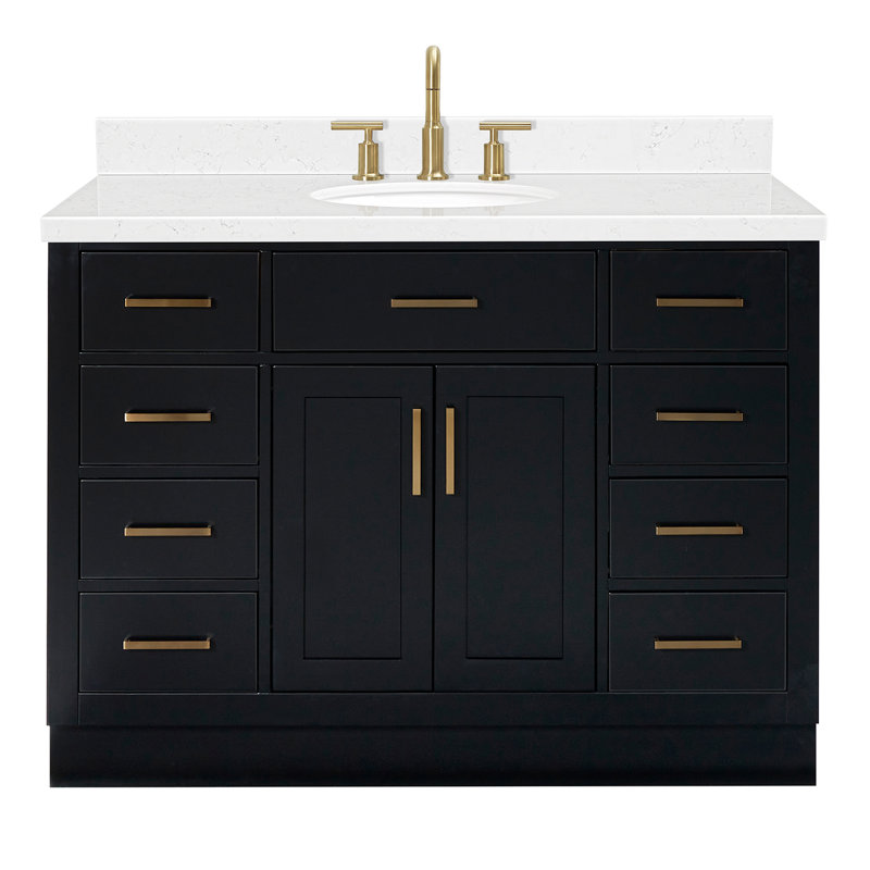 Ensemble de meuble-lavabo simple en bois massif 48 po avec lavabo en quartz Carrara de 1,5 po Tidworth, Chêne noir, Ovale