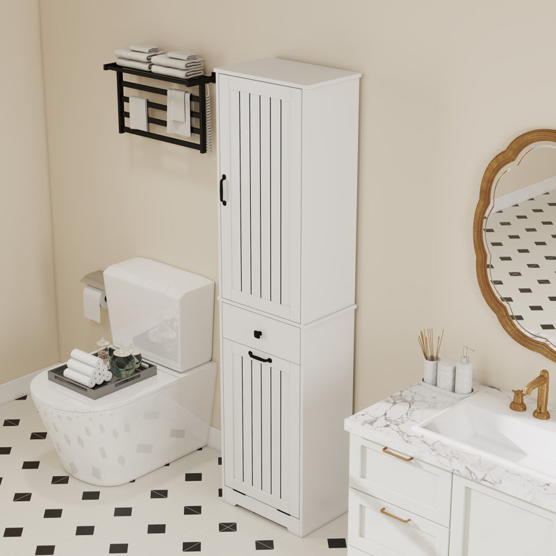 Wood Tall Bathroom Cabinet Laundry Hamper With Hidden Hamper & Storage Shelves