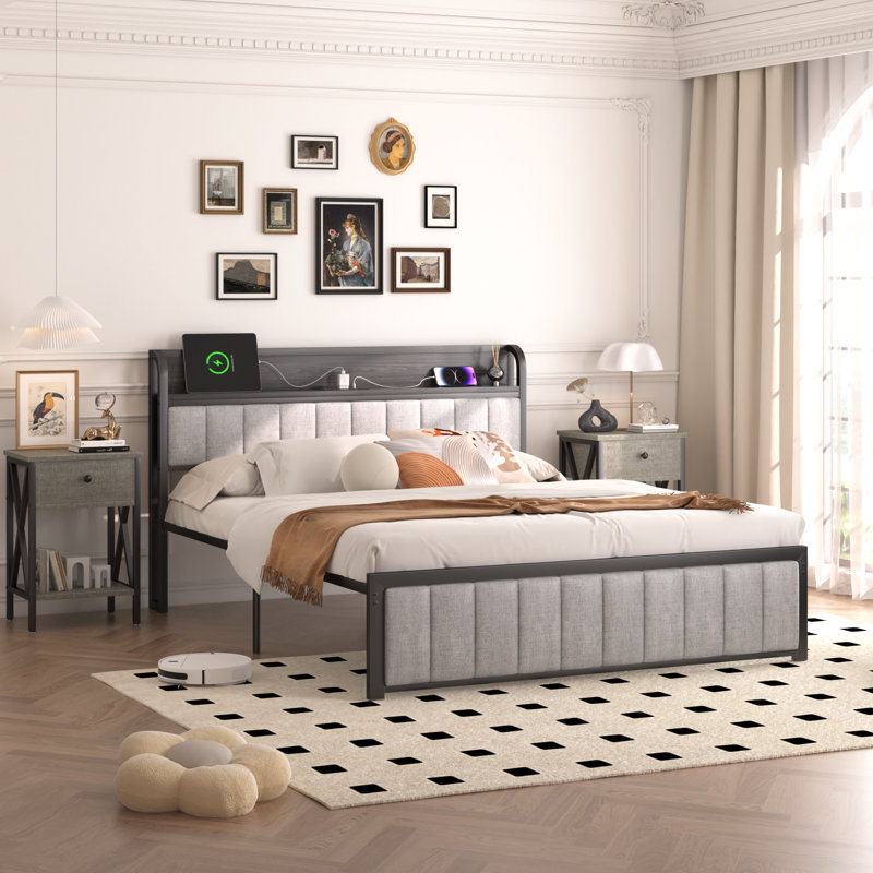 Ensemble de mobilier de chambre à coucher 3 pièces, cadre de lit plateforme en lin gris avec station de charge, ensemble de tête de lit avec rangement moderne et 2 tables de chevet, ensemble de mobilier de chambre à coucher, aucun sommier nécessaire