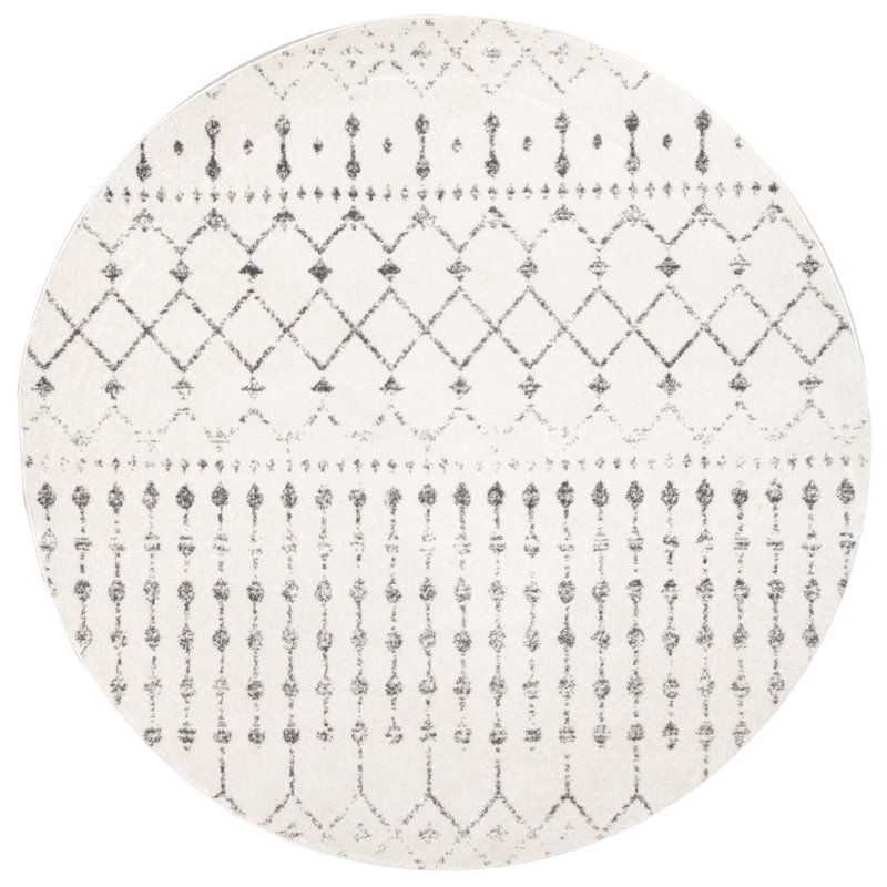 Giannini Geometric Moroccan Area Rug in Grey/ Off White, Round 8'
