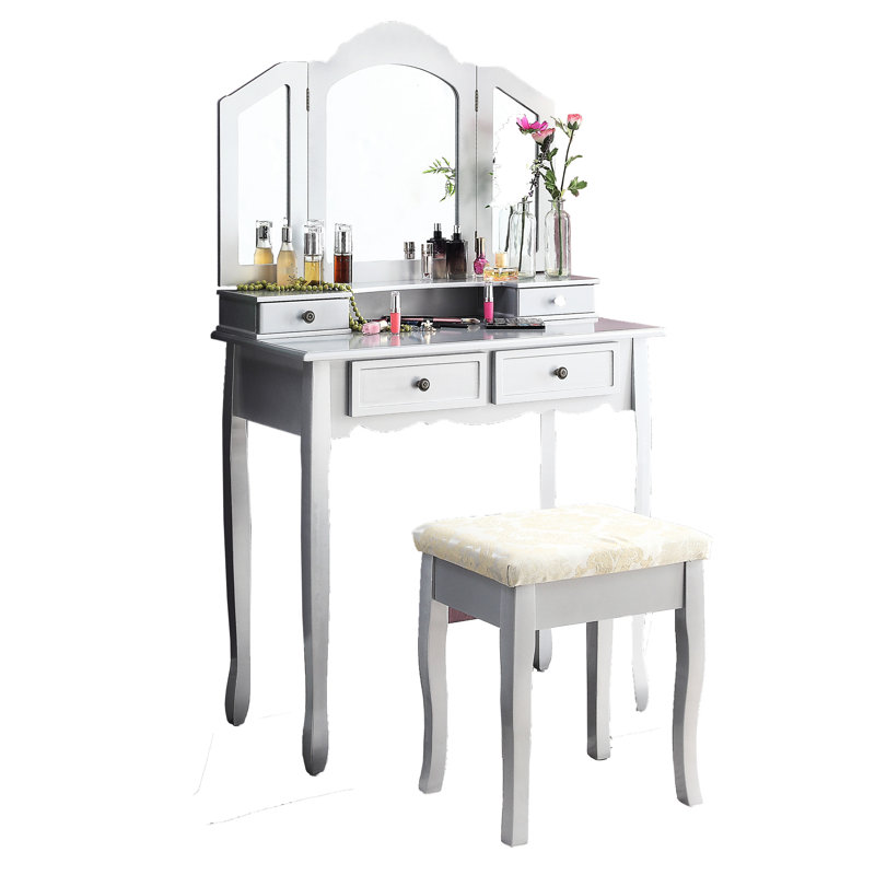Table de coiffeuse et siège de maquillage argenté - miroir biseauté et bureau confortable en bois, Argent argent