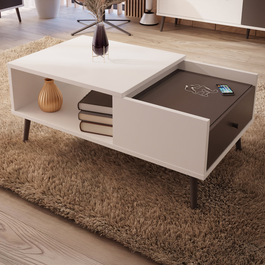 Mid-Century-Modern coffee table, EasyKlix by Forte quick assembly system, 1 drawer, tall feet, engineered wood, white/oak decor, 106 cm W x 45.4 cm H