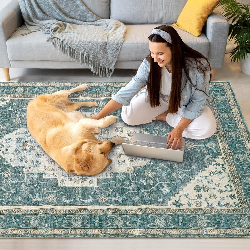 Tapis lavable Boho 6 x 9 pi, tapis à poils courts antidérapant à motif médaillon rétro pour chambre à coucher, salle à manger, gris-vert