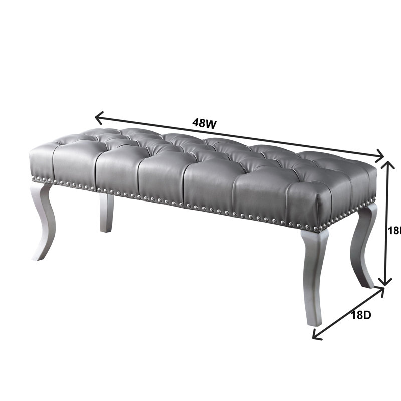 Fabric Upholstered Bench, Gray - Modern Chic With Nailhead Trim And Faux Crystal Button Tufting, Solid Wood Legs In Champagne, 48"W X 18"L 18"H Velvet Bench Style