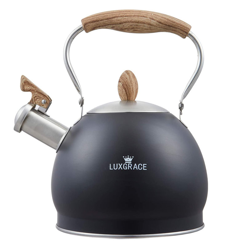 Creative Home 2,6 pte Théière en acier inoxydable avec poignée en bois pliable et fond en aluminium pour une eau bouillante, noir opaque