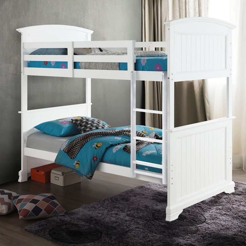 Lit simple superposé simple de style transitionnel, finition blanche, bois massif et d'ingénierie, tête de lit à panneau, réversible et joint avec pieds de support