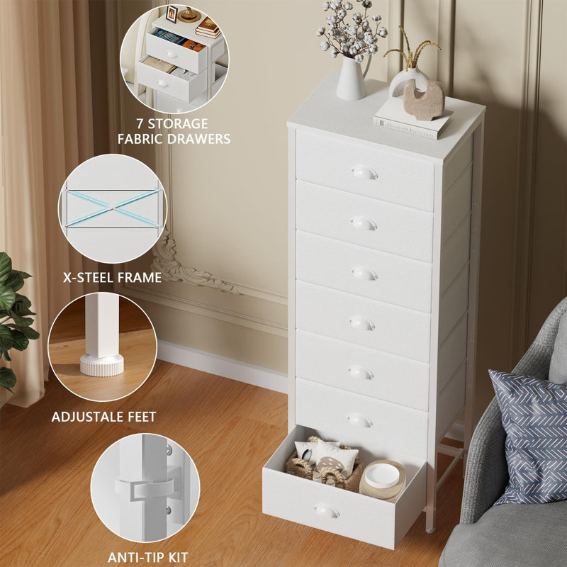 Hautes commodes avec 7 bacs en tissu, White