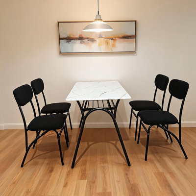 5-Piece Dining Table Set for 4, Modern Rectangular Kitchen Table with Storage Shelf and 4 Boucle Upholstered Chairs, Beige Dining Set for Small Spaces