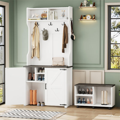 Roomfitters Farmhouse 4-in-1 Hall Tree with Barn Doors, Movable Bench with Shoe Storage and 7 Hooks, with Wheels, for Mudroom, White