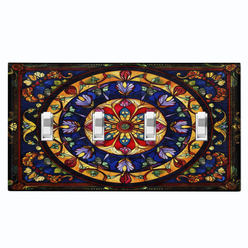 Couvercle de plaque d'interrupteur en métal; Bascule à 4 bandes US standard - image imprimée d'un mandala floral en vitrail