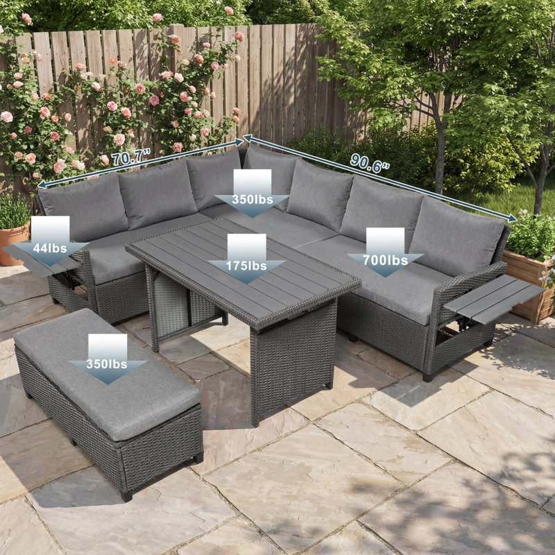 5-Piece Patio Conversation Furniture Set, L-Shaped PE Rattan Wicker Sectional Sofa with 2 Extendable Side Tables, Dining Table & Removable Covers for Backyard & Poolside
