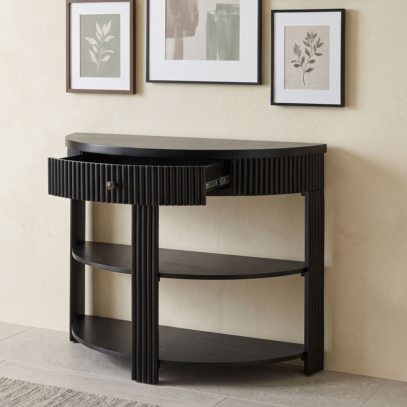 Console cannelée demi-lune avec tiroir et tablettes, Noir