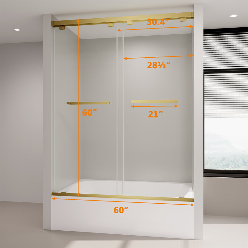 ROOMTEC Frameless Bathtub Shower Doors 56-60 W x 60 H, Double Sliding Tub Shower Door with Tempered, Gold