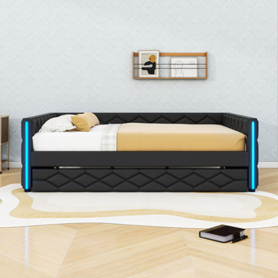 Full XL Upholstered Daybed with Twin Trundle and LED Armrests