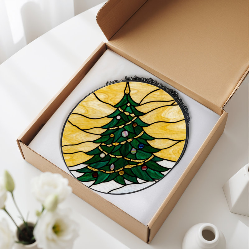 12"H Christmas Tree Stained Glass Window Panel