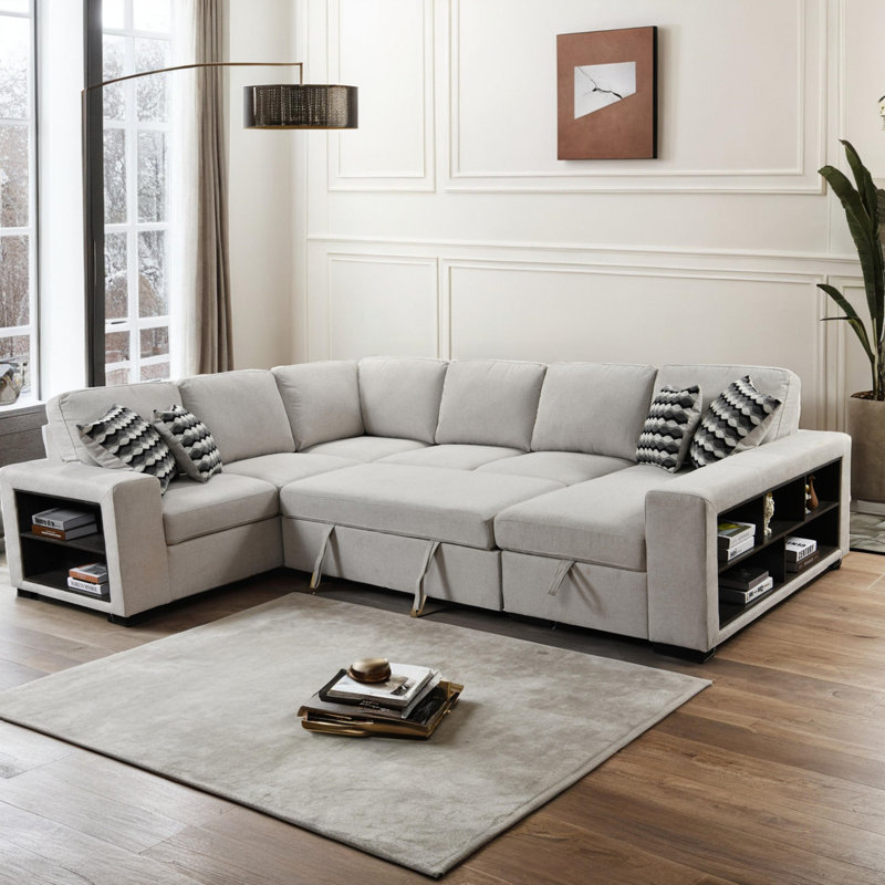 124'' Square Arms Firm Sectional Sofa U Shape Sectional Sleeper Sofa with Pull Out Couch and Storage Chaise, Beige