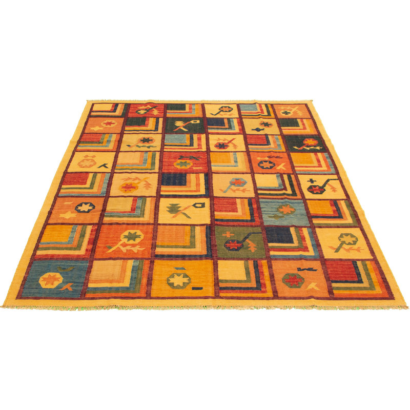 Tapis de zone en laine dorée/rouge 8 pi 3 po x 9 pi 11 po one-of-kind main-noué la new age anatolian light