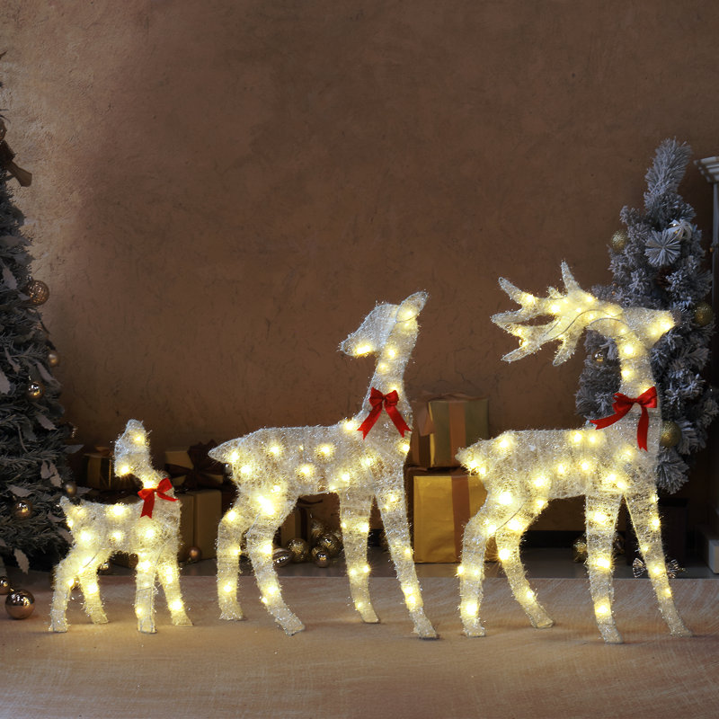 3 pièces de décoration de Noël de famille de renne blanc éclairé en 2 dimensions