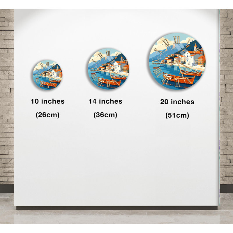 Horloge murale en verre trempé bleu côtier, scène de village, maison de plage, horloge Art moderne, décoration intérieure, horloge murale surdimensionnée