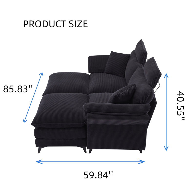 Canapé modulaire confortable en velours côtelé de 85,8 po avec repose-pieds pour salon, appartement, studio et bureau, Noir