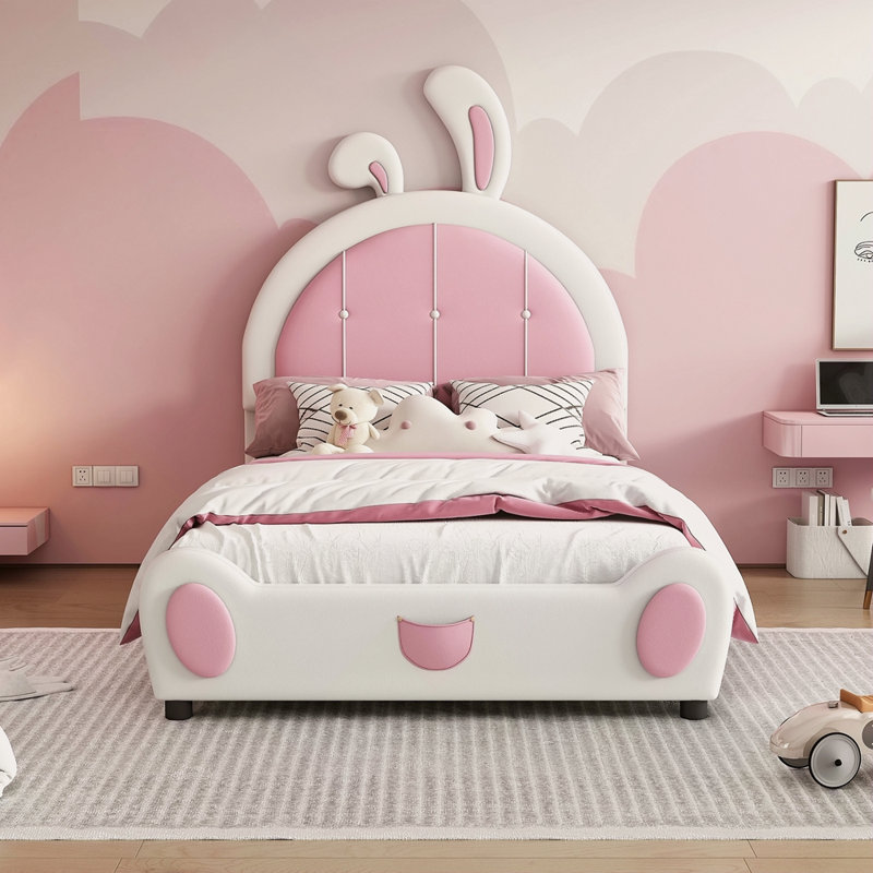 Lit plateforme tapissier simple avec tête de lit en forme de lapin, Blanc / Rose