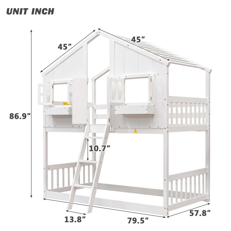 Twin over Twin House Bunk Bed with Roof , with Safety Guardrails and Ladder,White