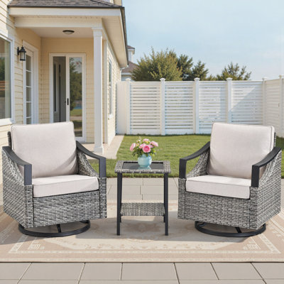 3-Piece Outdoor Conversation Set With Swivel Rocking Chairs And Glass-Top Side Table, Grey Wicker Patio Furniture With Cushions Porch Or Backyard