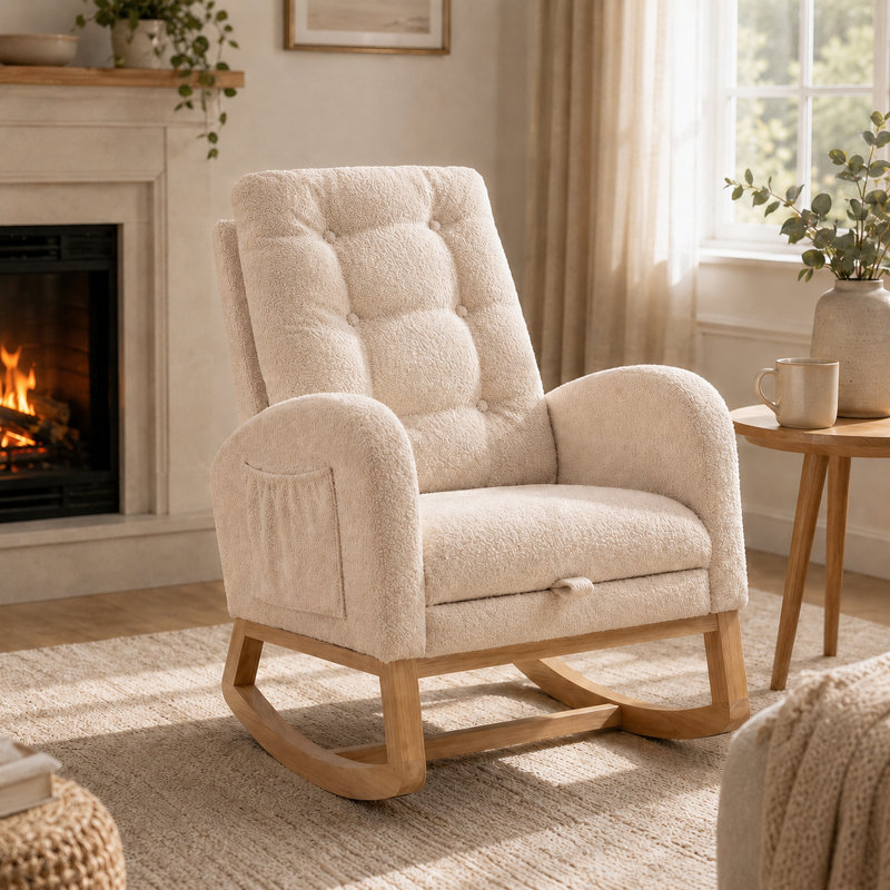 Chaise berçante d'intérieur rembourrée avec repose-pieds et poche latérale, Beige