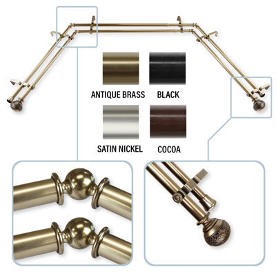 Solon Steel Rod/Resin Finials Adjustable Bay Window Double Curtain Rod