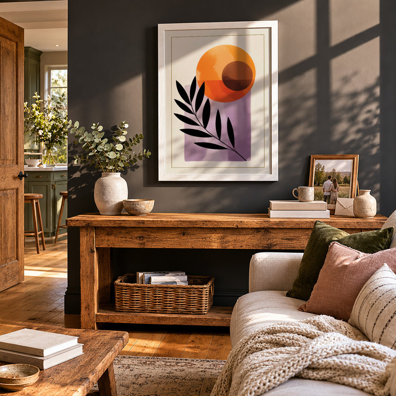 Gradient Circle with Fern Mid-Century - Framed Print, A1 - 84.1 x 59.4 cm, White