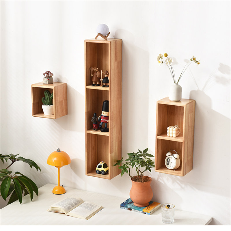 Solid Oak Wall Shelf With Multi-Cubby Design
