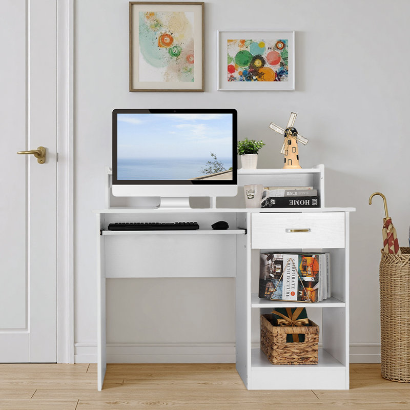FCH White 43.31in Particle Board with Embossed Melamine, One Drawer and Two Shelves, with Keyboard Tray, Computer Desk 