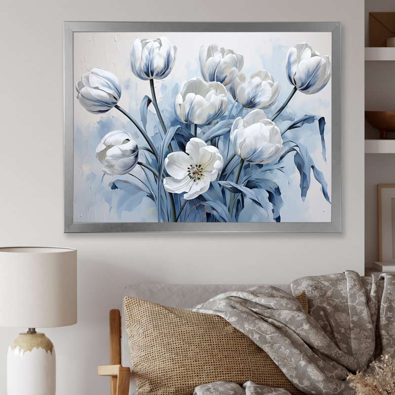 Minimalisme, tulipes bleues et blanches, coup de pinceau sur toile, Cadre simple argenté, H 12 po x l 20 po x P 1 po