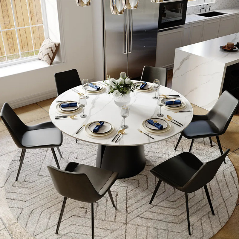 59" Modern Round Dining Table for 6, Matte White Sintered Stone Tabletop with Solid Black Carbon Steel Pedestal, Circle Dining Table for Kitchen