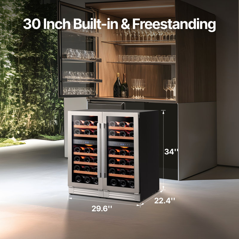 30" 56-bottle 4-zone Wine Cooler, Built-in & Freestanding, 6 Cu.ft. Wine Refrigerator With 40–65°f, Amber/blue/white Led, Uv-protected Double Glass, Hidden Hinges, Frost-free, Carbon Filter, Front Vent, Compressor & Fan Cooling Wine Fridge