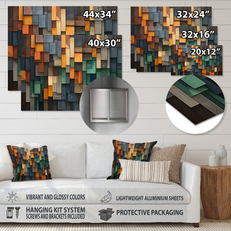 Vert et jaune mosaïque cubes pluie - tuile abstraite, art mural en métal MT136414, H 12 po x l 20 po x P 1 po