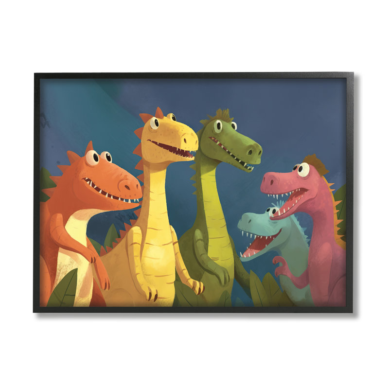 «Happy Dinosaur Friends on Wood» par Wumples, H 24 po x l 30 po x P 1,5 po, Giclée encadrée noir minuit
